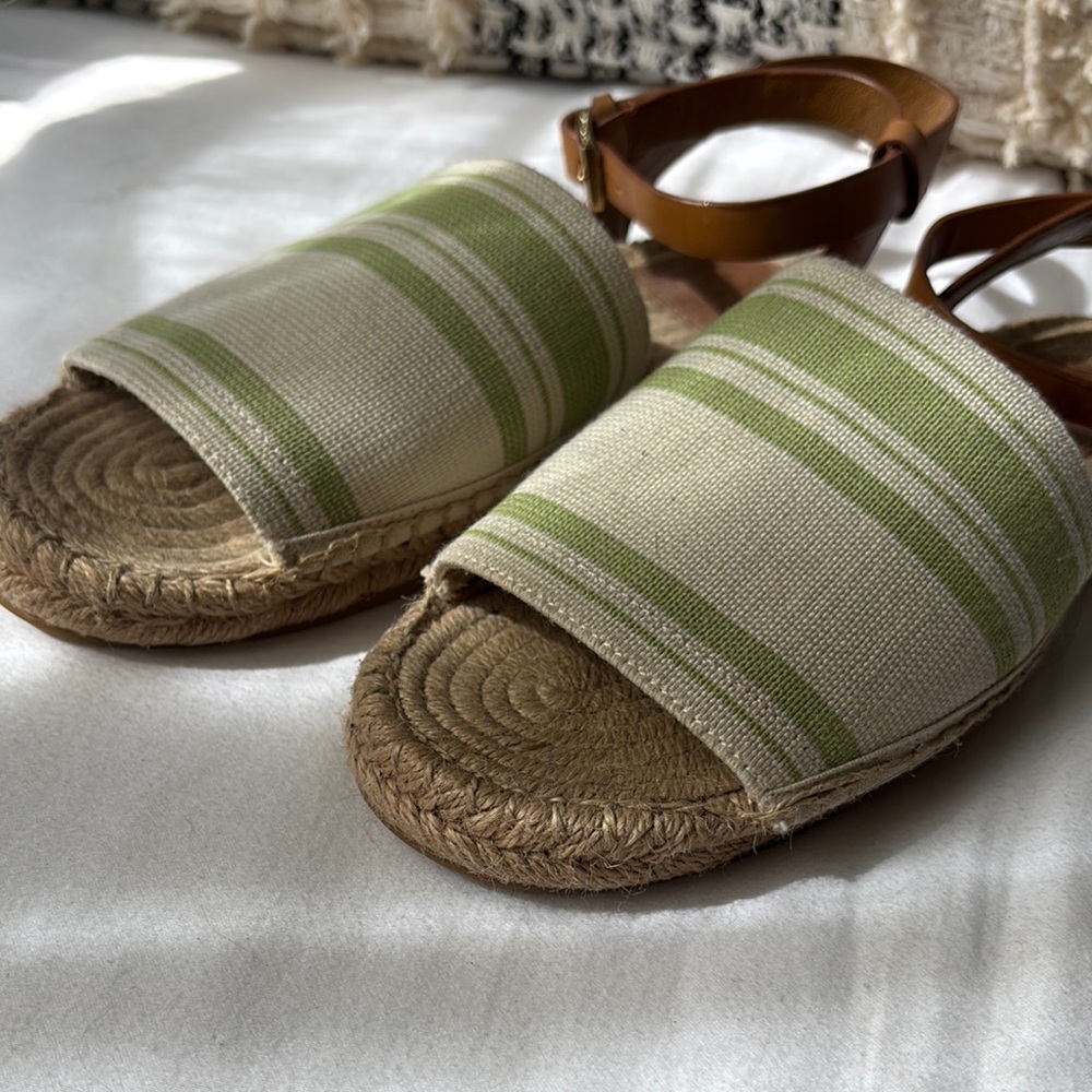 Tory Burch Green Stripe and Tan Leather Espadrilles
